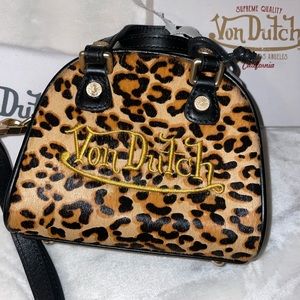 Von Dutch Leopard Pony Hair Leather Micro Mini Bowling Bag